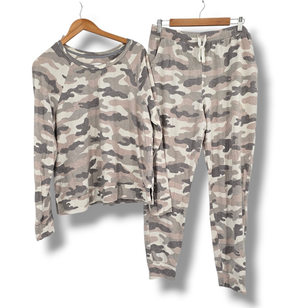 iRELAX Womens XL Beige Camouflage Loungewear Set Raglan Top Jogger Pants 2PC‎